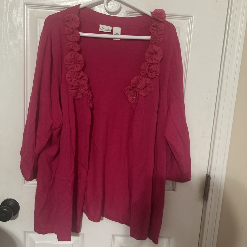 Kim Rogerpink Short Sleeve Open Front Floral Ruffle Cardigan Preppy 3X